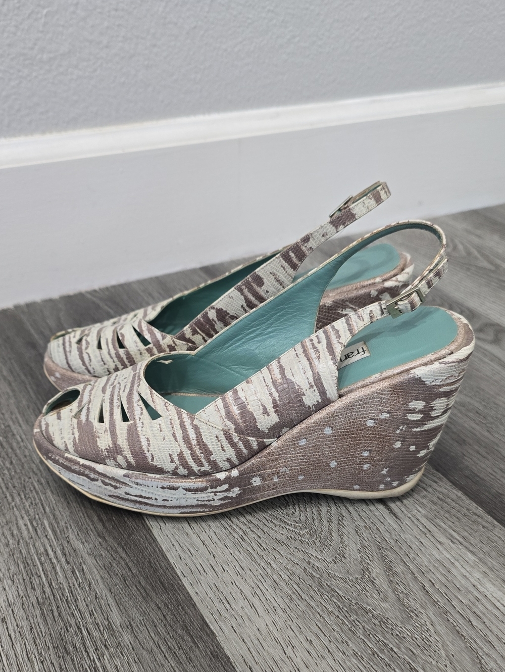 Made In Italy Patterned Taupe & Cream Wedge Slingback Sandals with Teal Insole